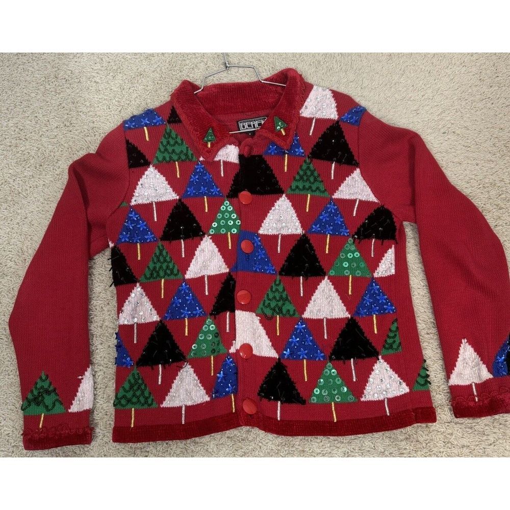 Berek Vintage Embellished Holiday Christmas Tree Cardigan Sweater Red Size S